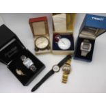 A retro Tissot digital watch, a Seiko stopwatch, a Cyma Amic alarm clock, a Seiko automatic KS and a