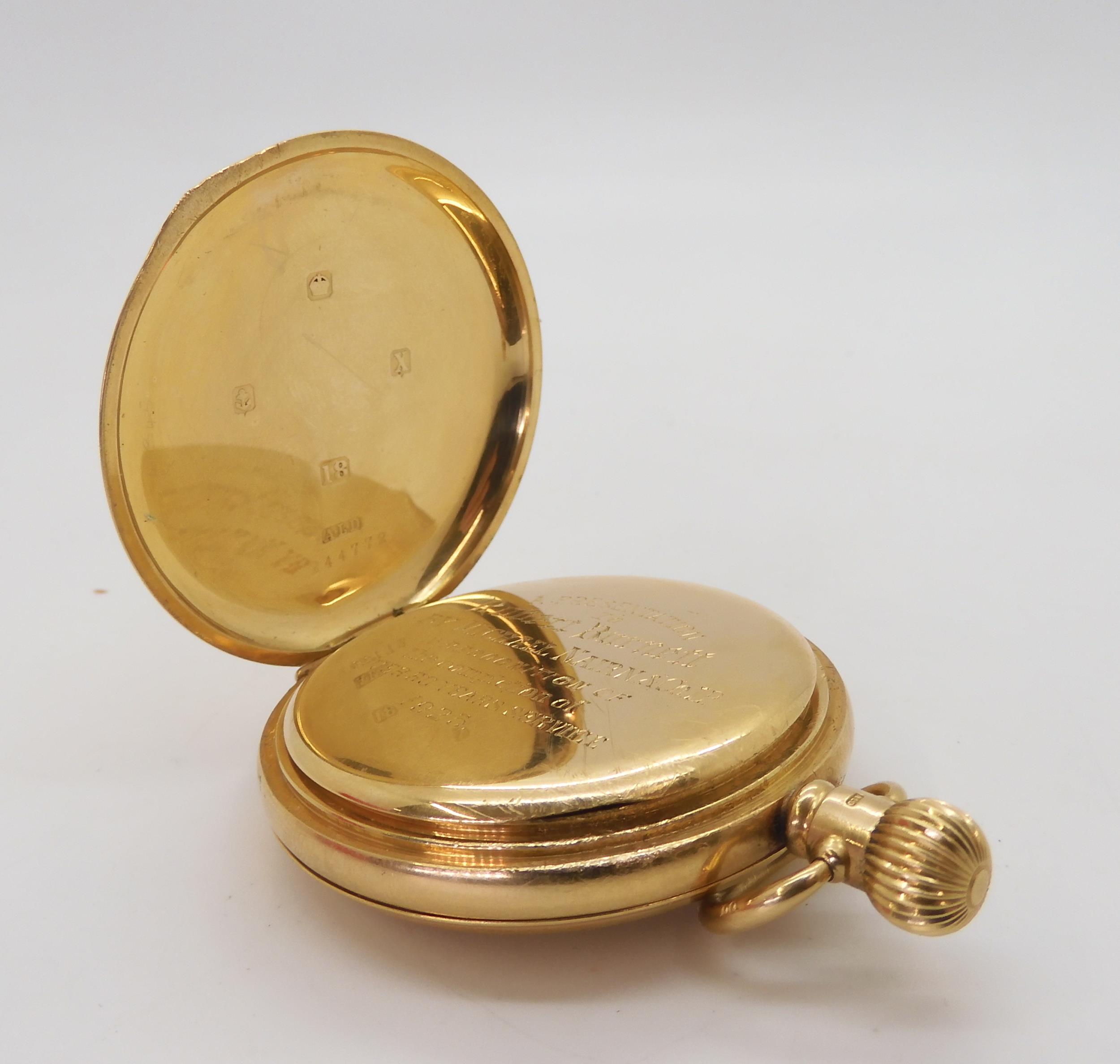 An 18ct gold full hunter pocket watch, diameter 5cm, the inner dust cover inscribed with the date - Image 4 of 5