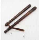 Two police truncheons, one being painted with George V royal cipher over date 1914, the other by