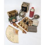 A resin Lewis Chessmen replica set, boxed Simplex Portable Typewriter, cigarette cards, vintage