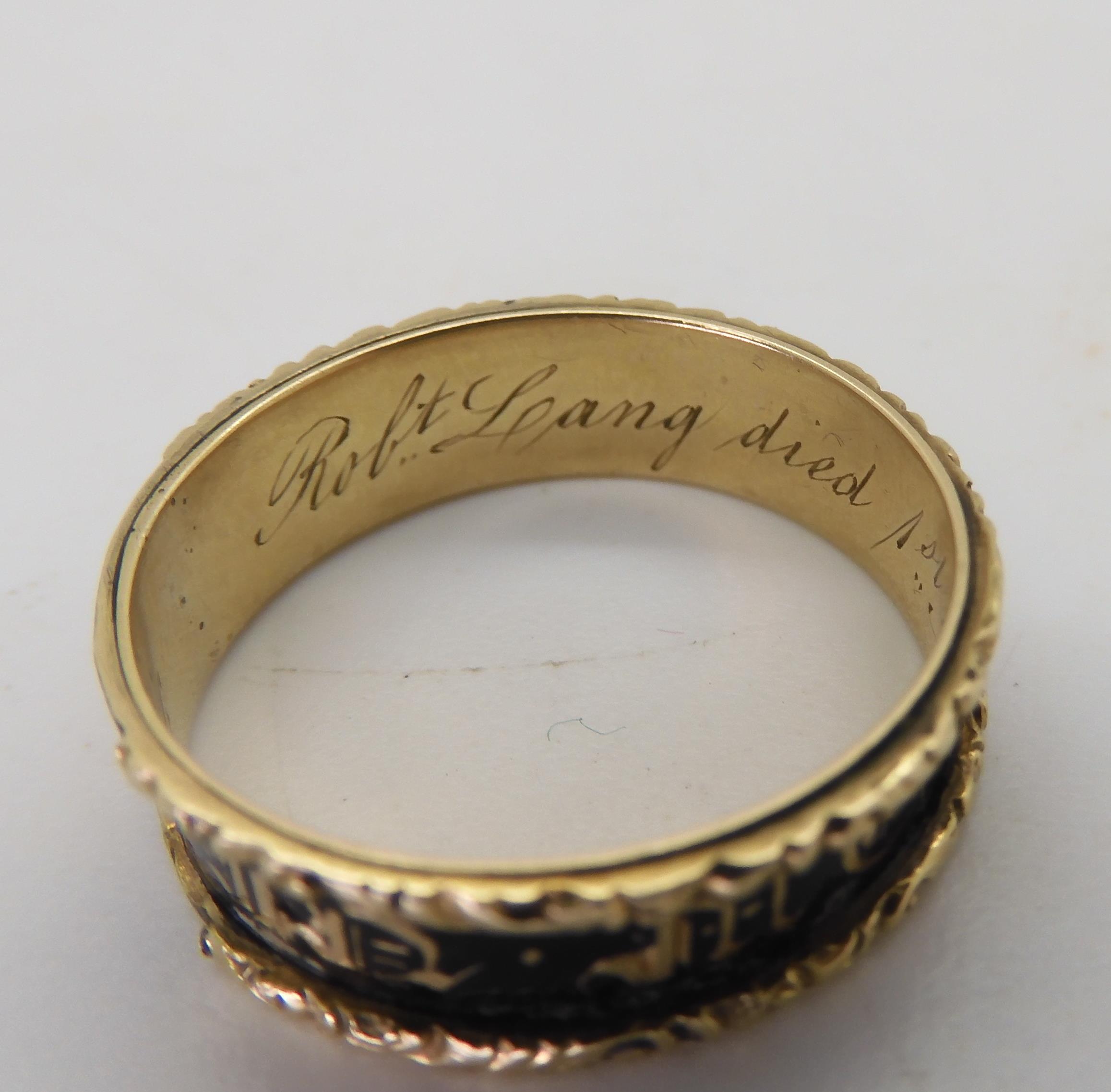 A yellow metal mourning ring, with black enamel, engraved Robert Laing died 1st July 1842, finger - Image 4 of 5