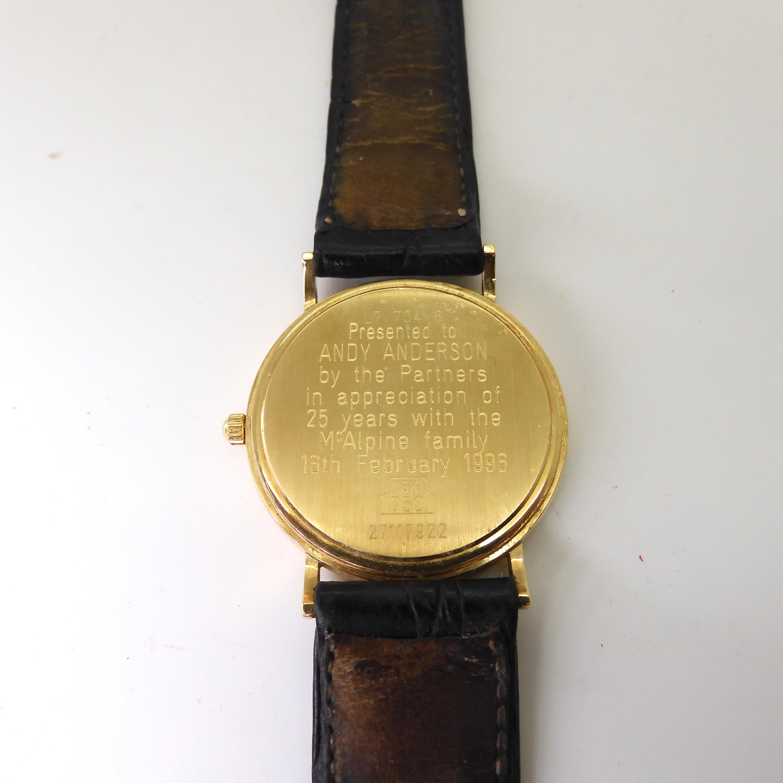 An 18k gold Longines Quartz watch, with a black leather strap, with gold plated Longines buckle, - Image 3 of 3