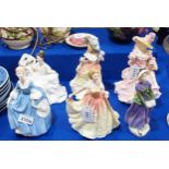 Six Royal Doulton figures including My Love, Hilary, Deborah, Katie, Camellias and Florence