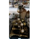 Assorted brassware including candlesticks, trivets, oil lamp   and cannisters etc Condition Report: