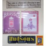 A reproduction Brasso advertising sign, reproduction Daily Sketch advertising sign, Hudson's soap