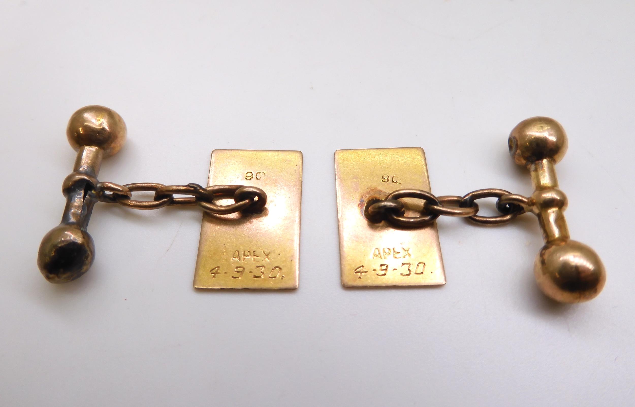 A pair of 9ct gold engraved cufflinks, with monogram and inscribed with the date verso 4/9/1930. - Image 2 of 2