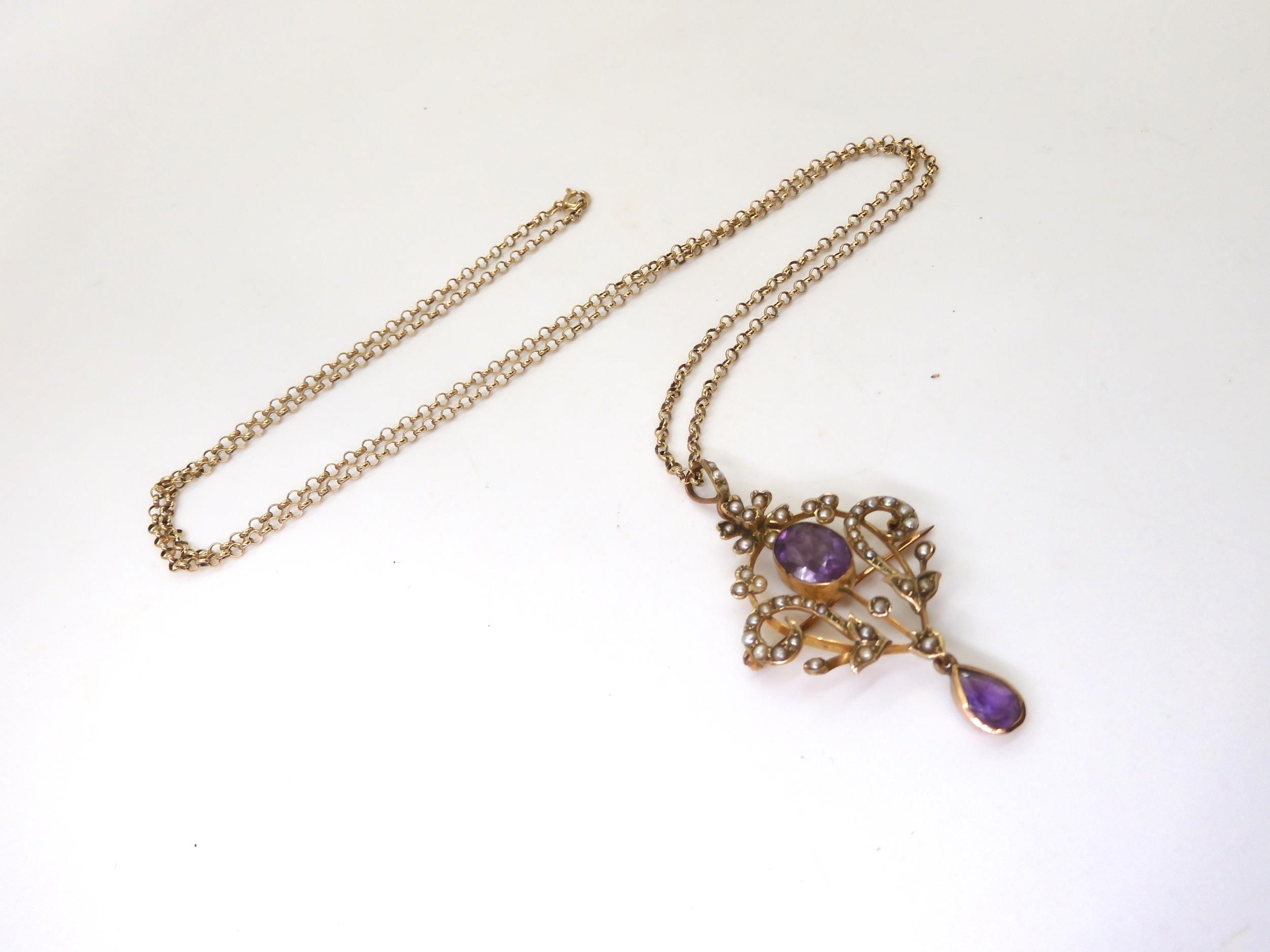 A 9ct gold Edwardian amethyst and pearl pendant brooch on a long 66cm 9ct gold belcher chain, weight - Image 2 of 6