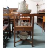 A 19th century mahogany wash stand with twin hinged top over single drawer on square tapering