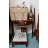 A serpentine front single drawer hall table, tapestry footstool, brass bed warming pan and a box