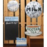 A Nectar tea enamel advertising sign, two assorted metallic cafe clocks, Senior Service tobacco