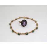 A 9ct gold emerald bracelet length 19cm, together with a 9ct and silver amethyst and marcasite