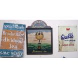 A Walls ice cream advertising sign, P. Martin balloon flight sign and a Brooke Bond dividend tea