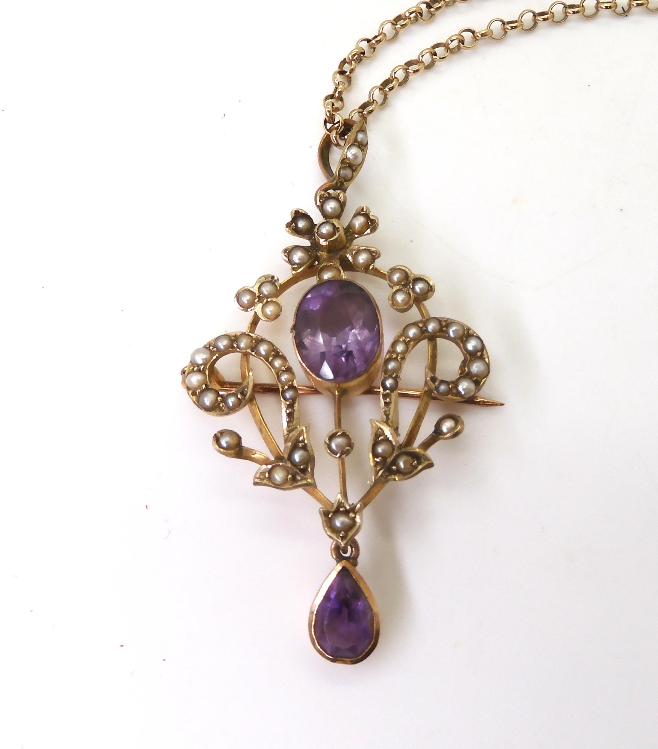 A 9ct gold Edwardian amethyst and pearl pendant brooch on a long 66cm 9ct gold belcher chain, weight - Image 3 of 6