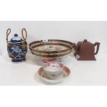 A Chinese export bowl, a tea bowl and saucer, a prunus decorated jar and cover and a Chinese