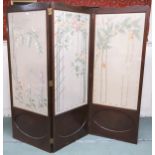 A Victorian mahogany framed three fold room divider with silk embroidered panels, each panel 178cm