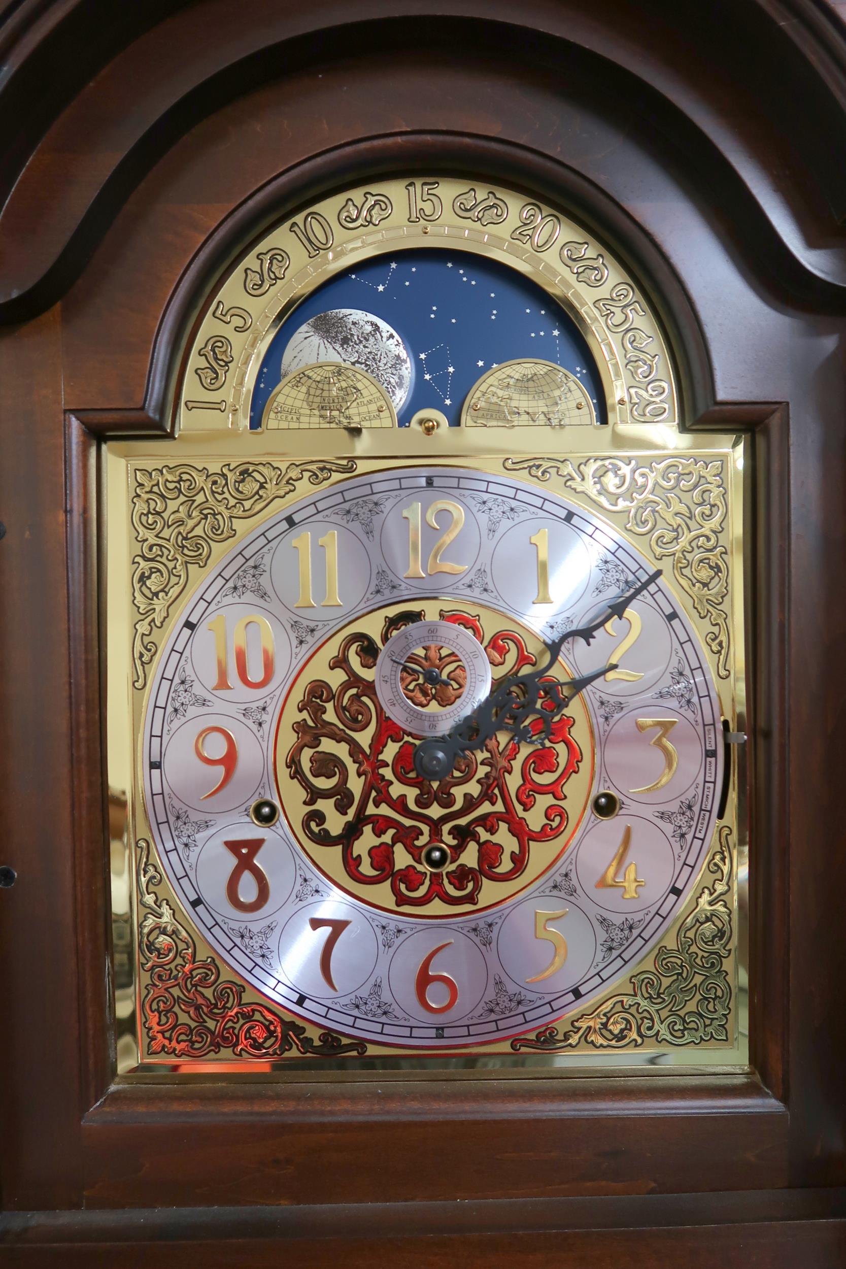 A 20th century mahogany cased  longcase clock with arched brass and silvered dial bearing Arabic - Image 3 of 8