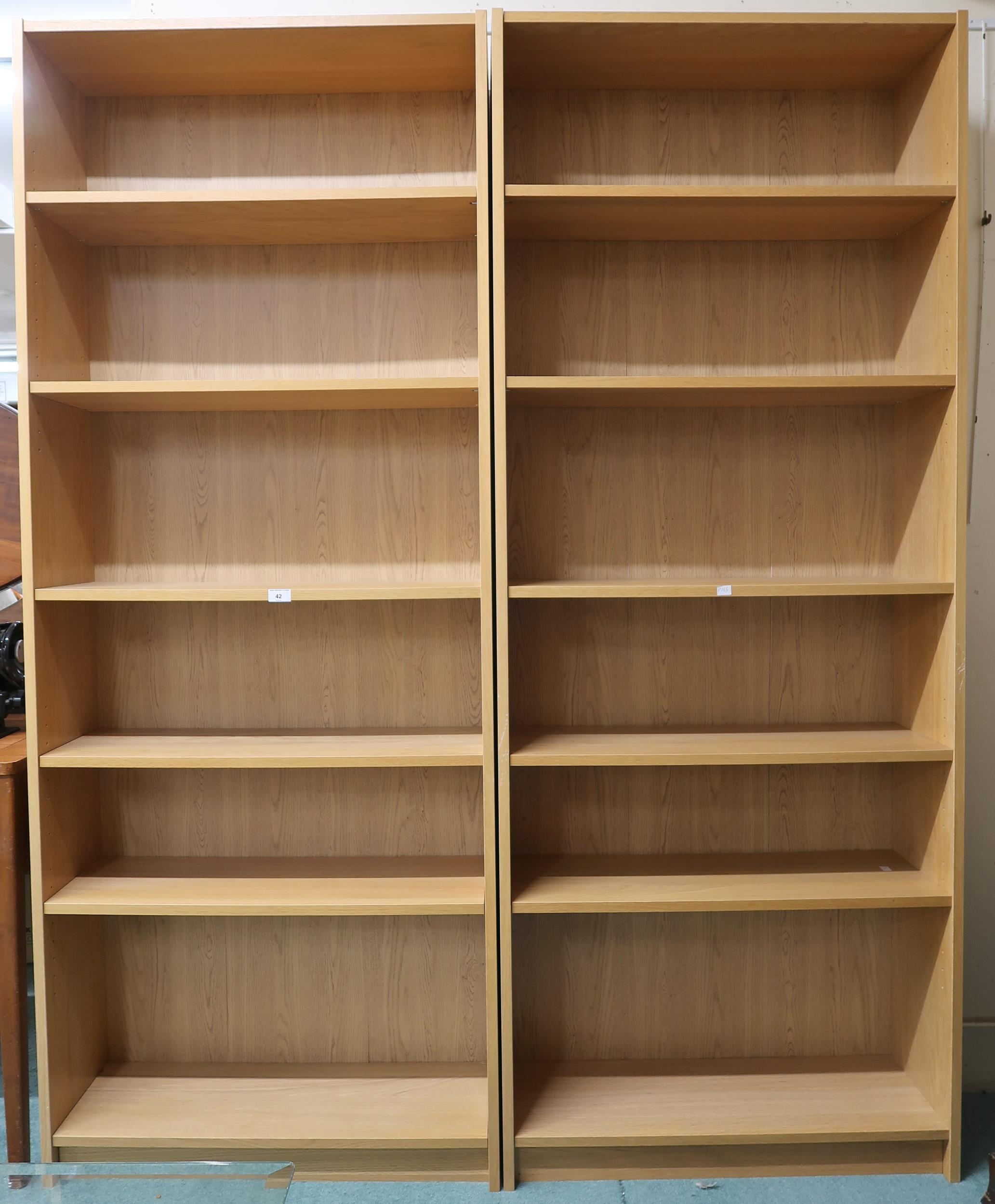 A pair of contemporary five shelf open bookcases, 202cm high x 80cm wide x 28cm deep (2) Condition