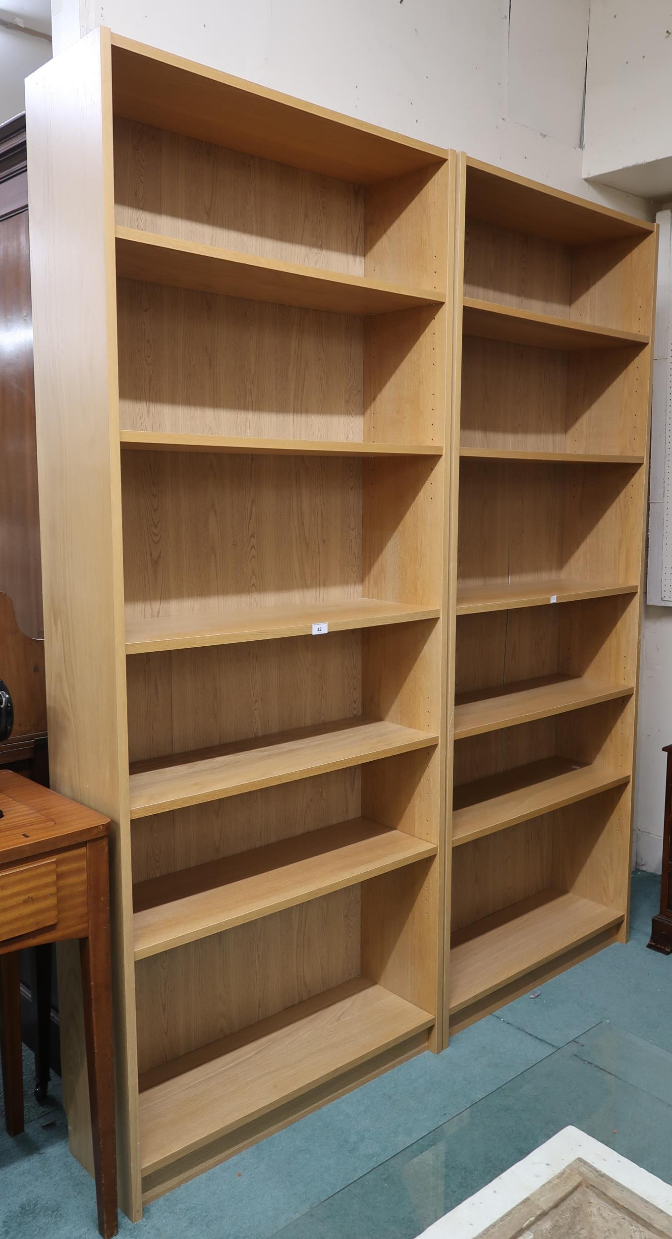 A pair of contemporary five shelf open bookcases, 202cm high x 80cm wide x 28cm deep (2) Condition - Image 2 of 3