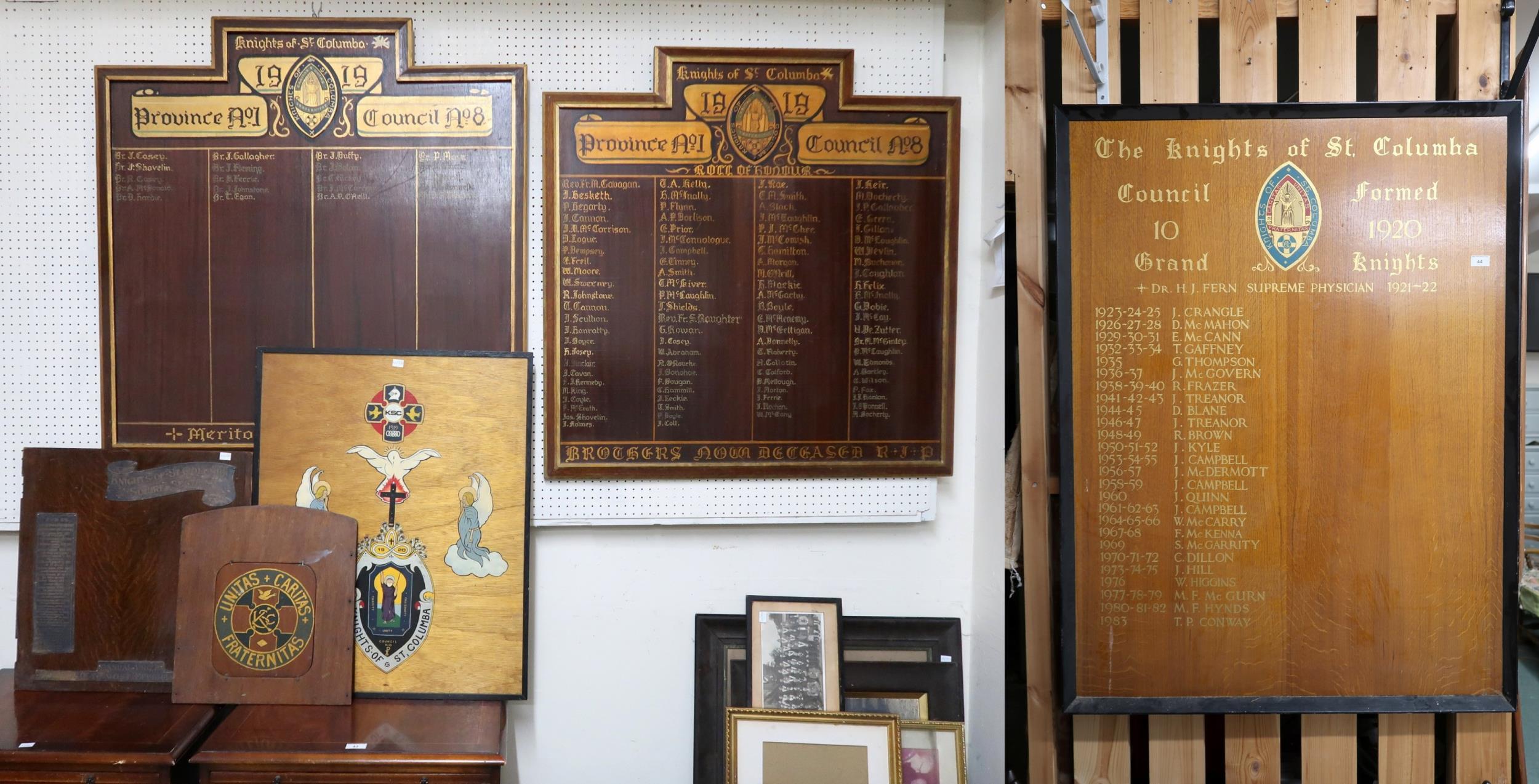 A lot to include Knights of St Columba roll of honour boards, squire section board for most