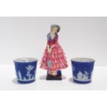 A Royal Doulton figure Priscilla HN1340 and a pair of Wedgwood cache pots Condition Report:Available