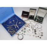 A collection of silver and costume jewellery to include Mackintosh style items, silver bangles,