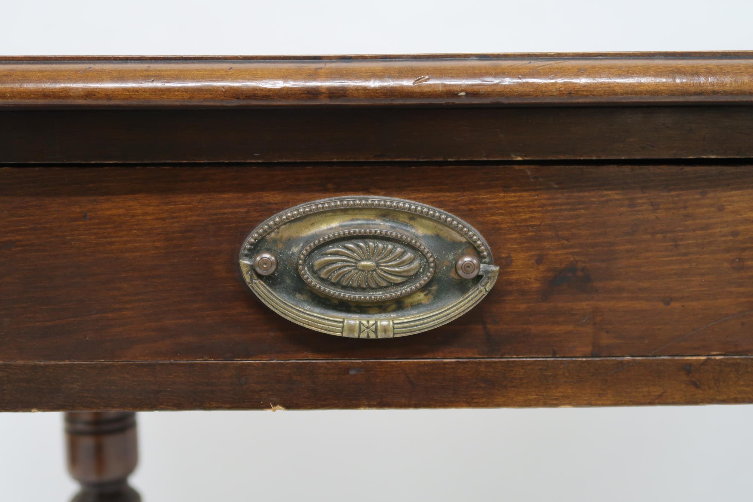 A Victorian mahogany two drawer writing desk with embossed skiver on turned supports, 76cm high x - Image 2 of 4