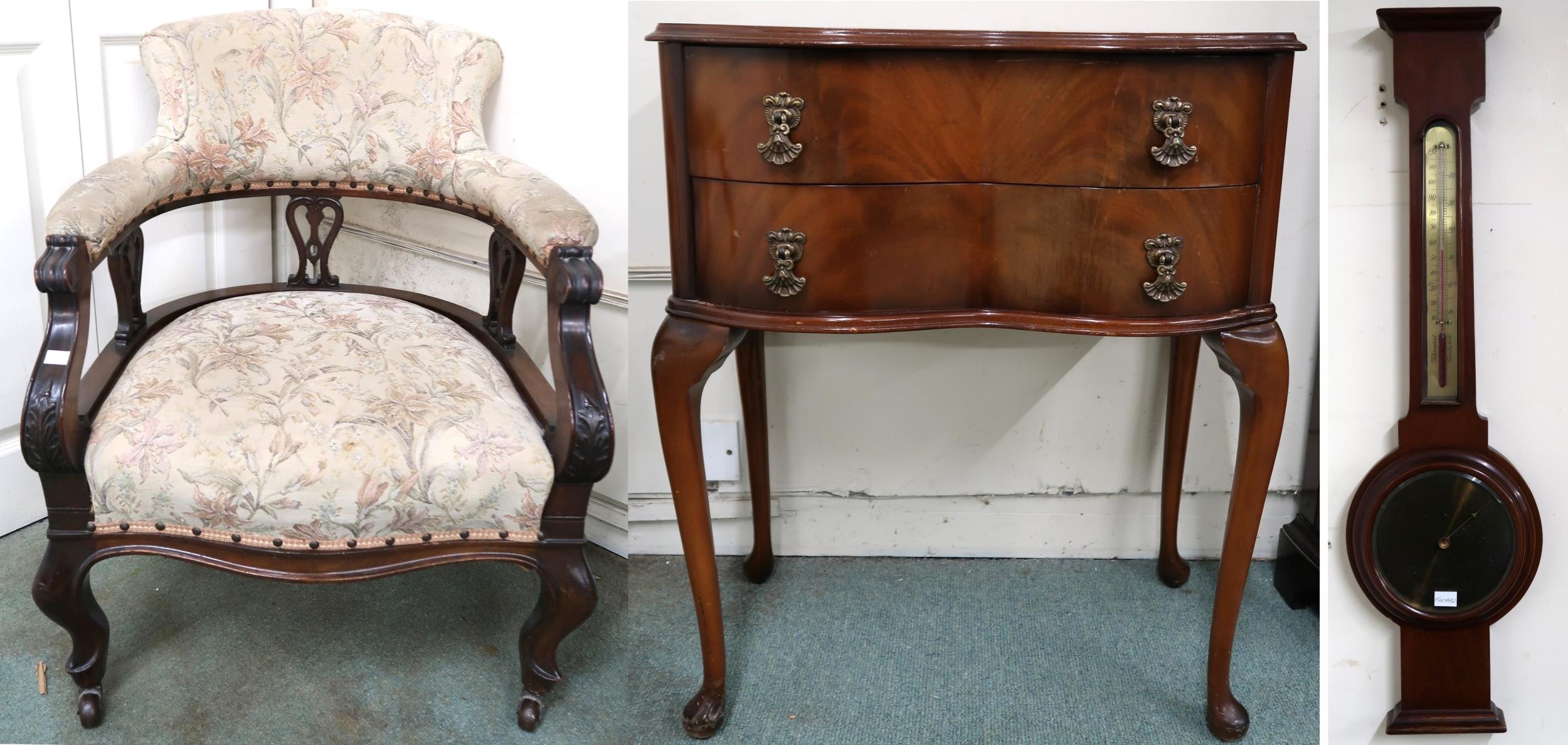 A lot to include Victorian upholstered tub chair, two drawer occasional table and a mahogany