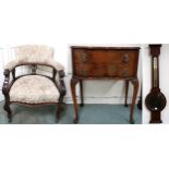 A lot to include Victorian upholstered tub chair, two drawer occasional table and a mahogany