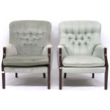 A pair of 20th century mahogany framed armchairs, one upholstered in green button back velour and