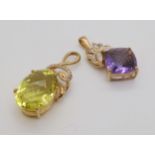 A 9ct checkerboard cut amethyst and diamond pendant, length 3.5cm, together with a 9ct lime green