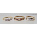 A 9ct gold three illusion set diamond retro ring, size L1/2, a 9ct and platinum three rose cut