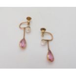A pair of pink tourmaline and pearl screw back drop earrings, dimensions of tourmalines approx 9mm x