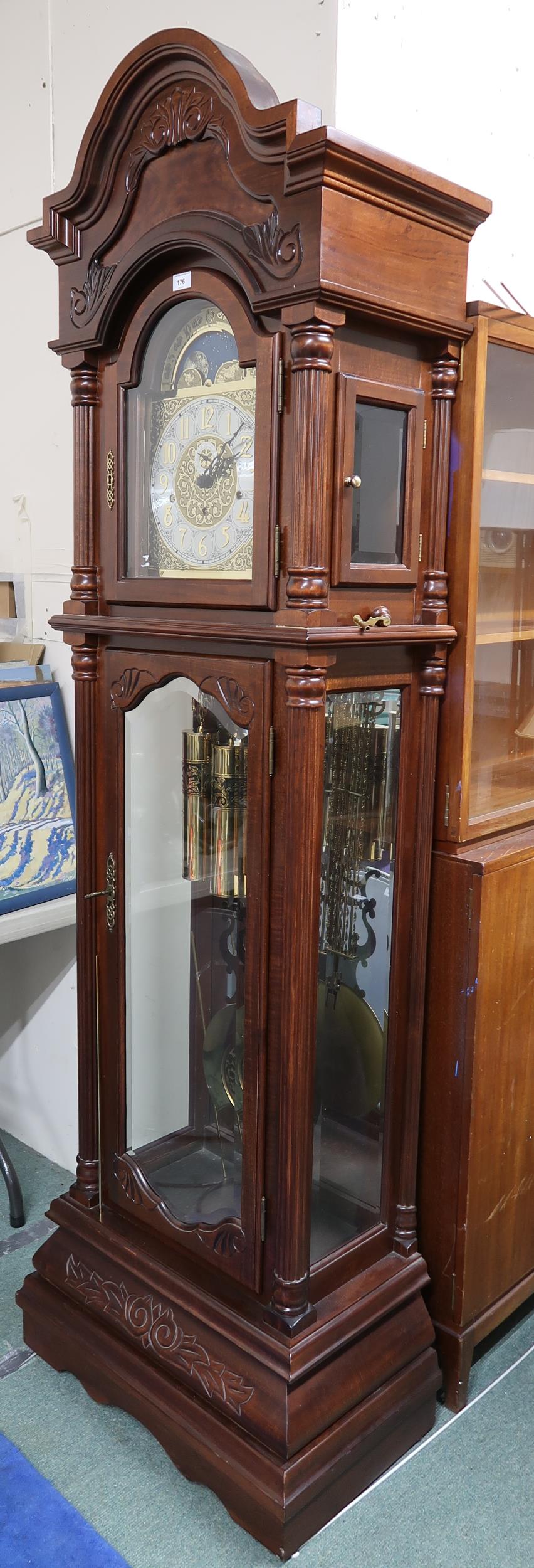 A 20th century mahogany cased  longcase clock with arched brass and silvered dial bearing Arabic - Image 8 of 8