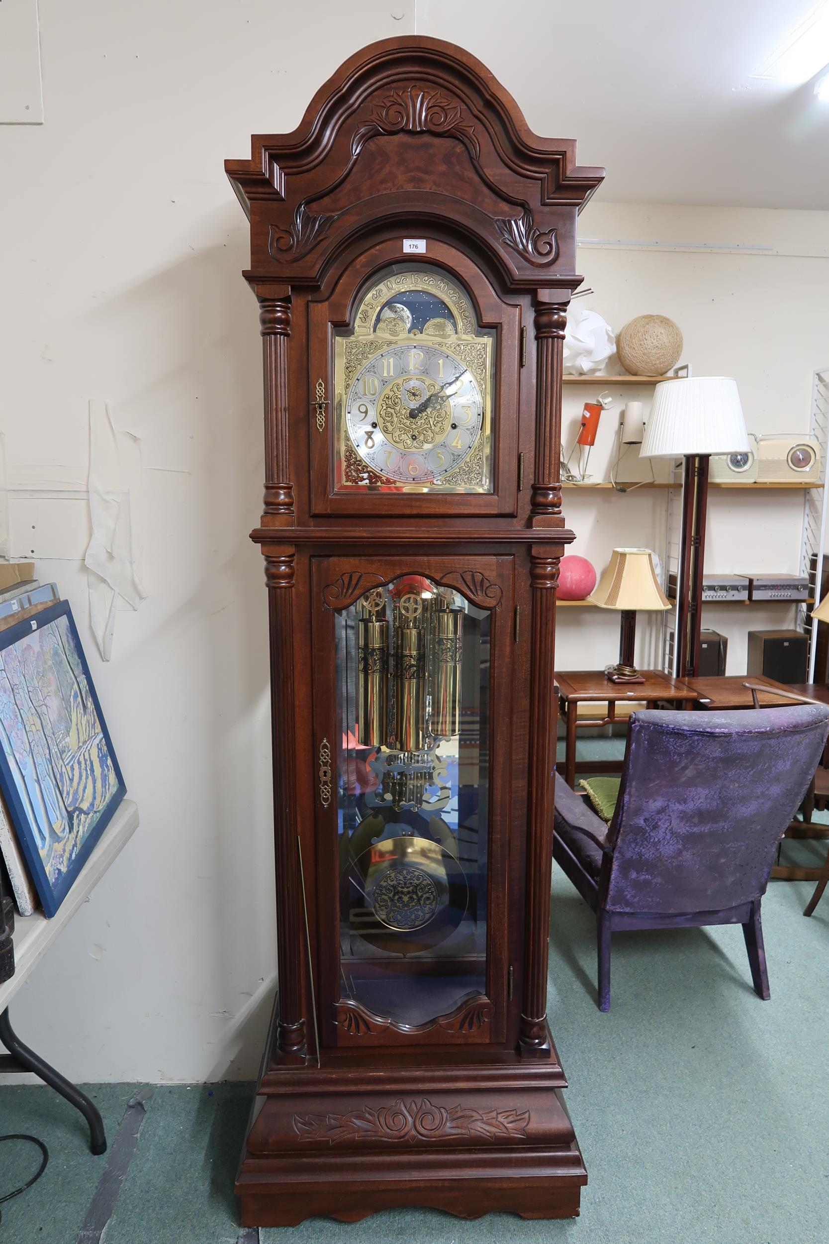 A 20th century mahogany cased  longcase clock with arched brass and silvered dial bearing Arabic - Image 2 of 8