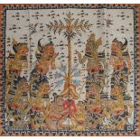 An Indian painting depicting demons before a tree and within a stiff leaf border, 80 x 88cm