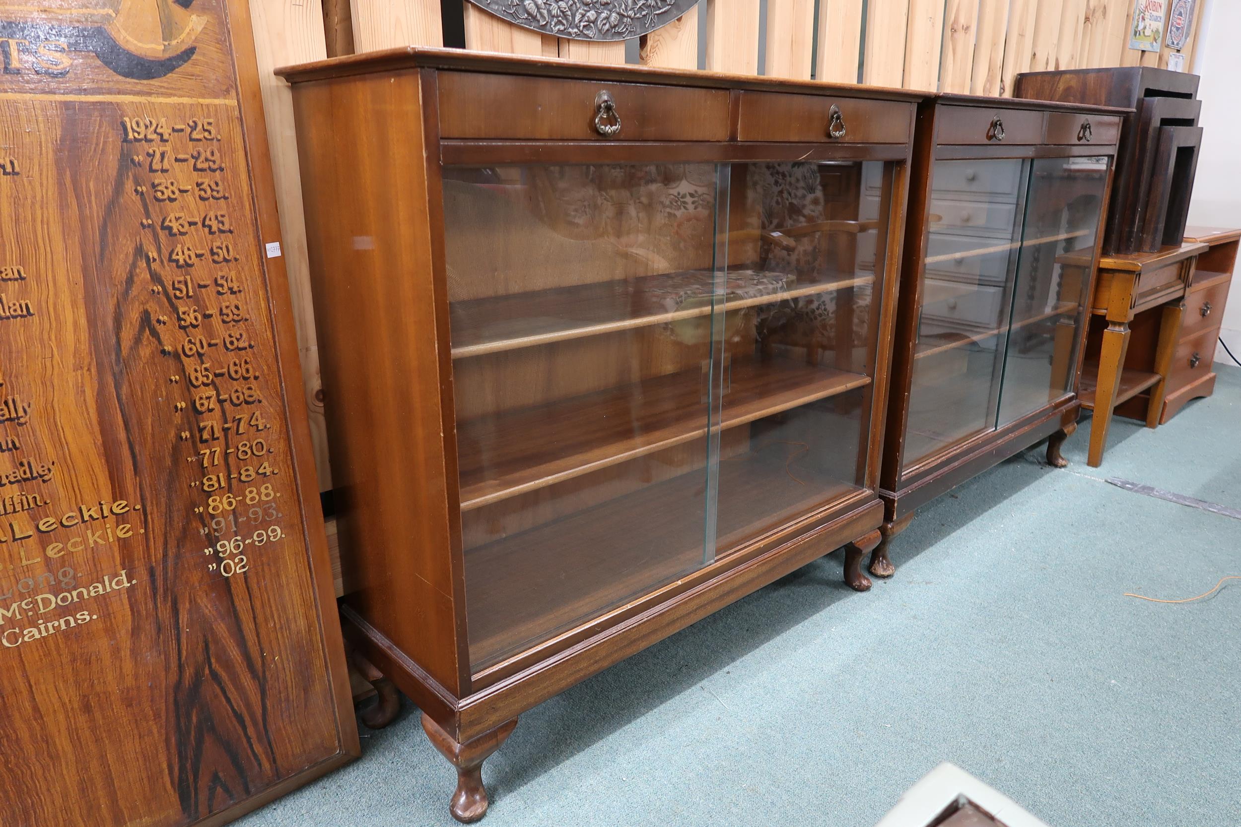 A pair of 20th century stained teak bookcases with pair of drawers over glass sliding doors, 90cm - Image 3 of 6