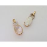 A 9ct gold white opal and diamond pendant, length 3.1cm,   together with a 9ct rose quartz and