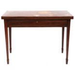 A Victorian mahogany and satinwood inlaid single drawer fold over tea table on square tapering