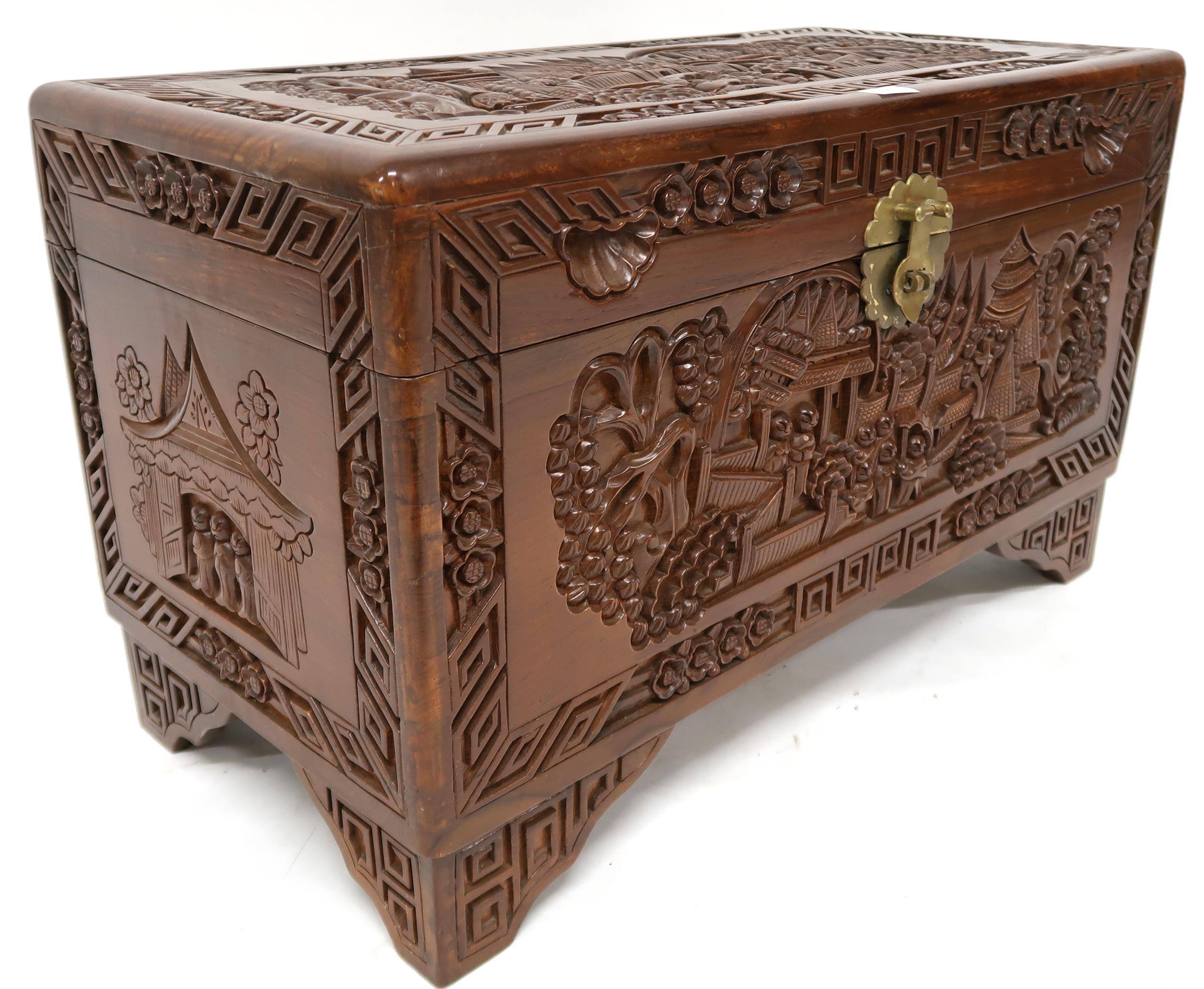 A 20th century carved Oriental hardwood blanket chest with internal sliding tray, 47cm high x 79cm - Image 3 of 5