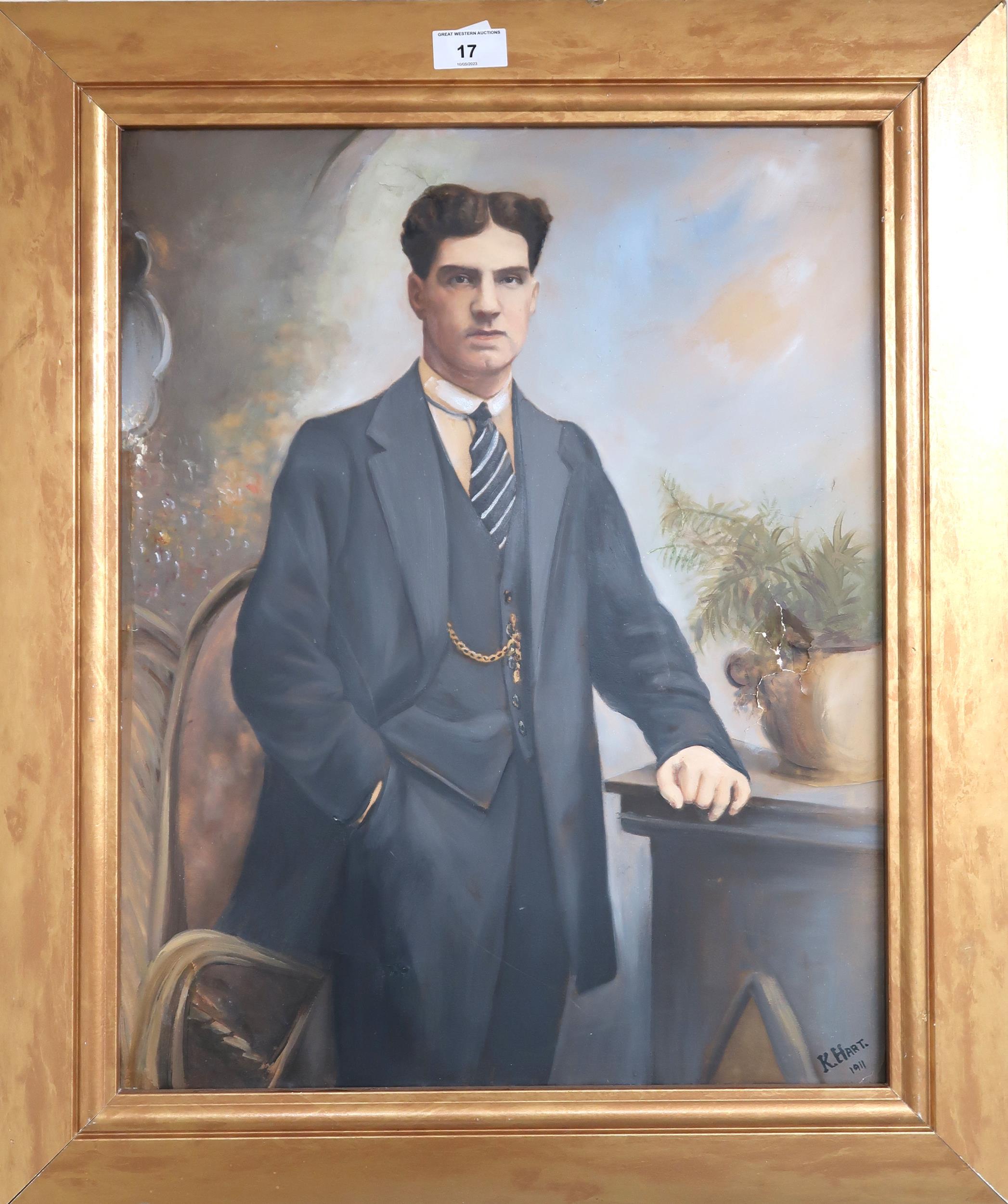 A gilt framed portrait of a gentleman signed K. Hart 1911  Condition Report:Available upon request