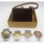 Three AA grille badges, a Merchant Navy example and a crocodile leather handbag in original