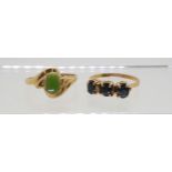 A 9ct sapphire ring size P1/2, together with a 9ct green hardstone ring, size R1/2, weight 4.9gms