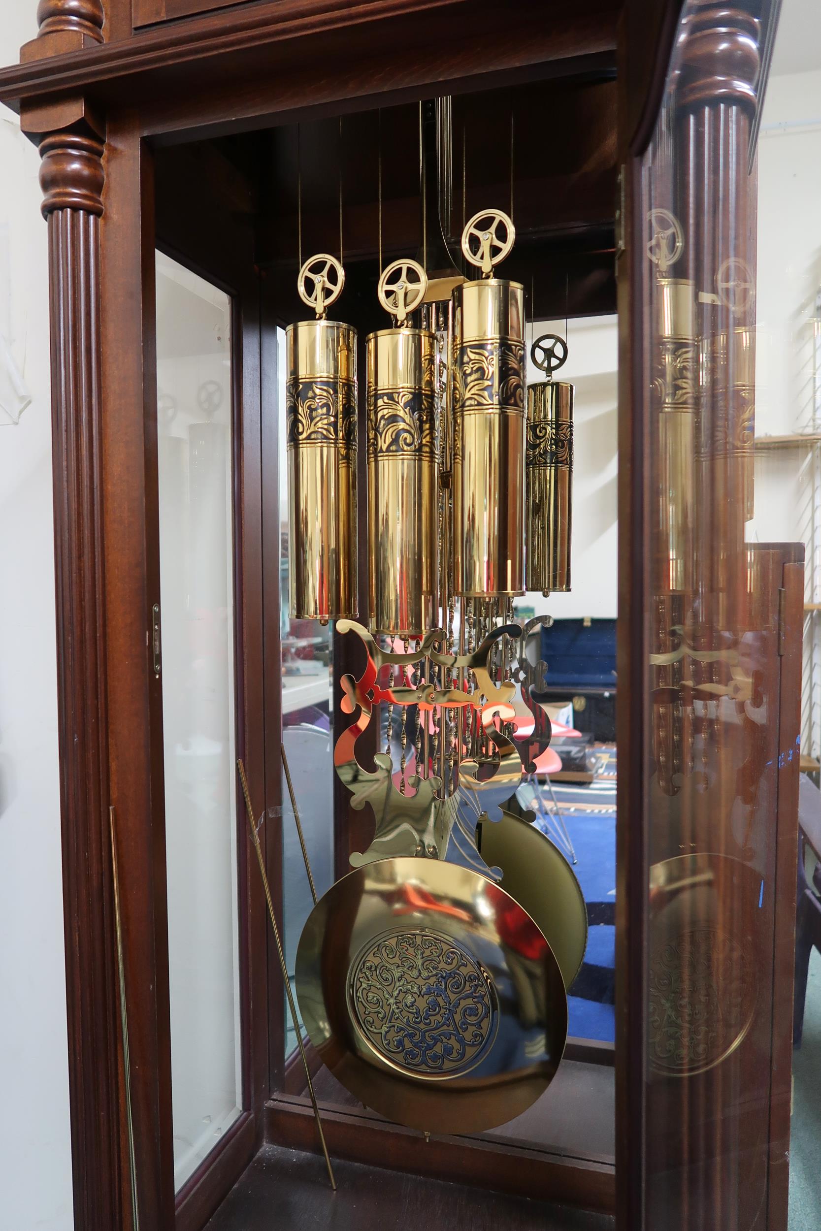 A 20th century mahogany cased  longcase clock with arched brass and silvered dial bearing Arabic - Image 4 of 8