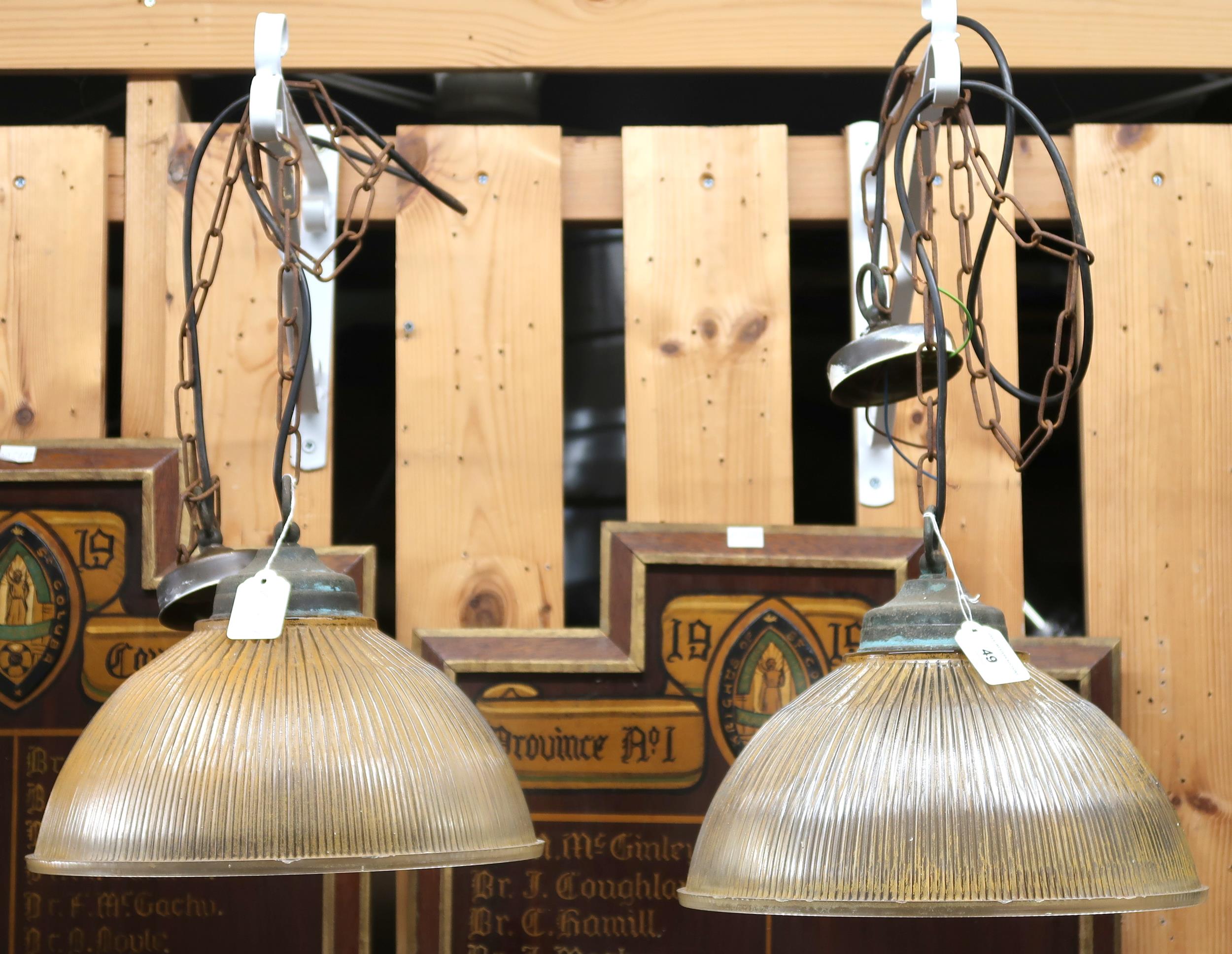 A pair of 20th century ribbed domed glass ceiling light pendants, 30cm wide (2) Condition Report: