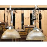 A pair of 20th century ribbed domed glass ceiling light pendants, 30cm wide (2) Condition Report: