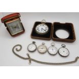 Four silver cased fob watches, one with a silver engraved dial,diameter 4cm, a goliath pocket
