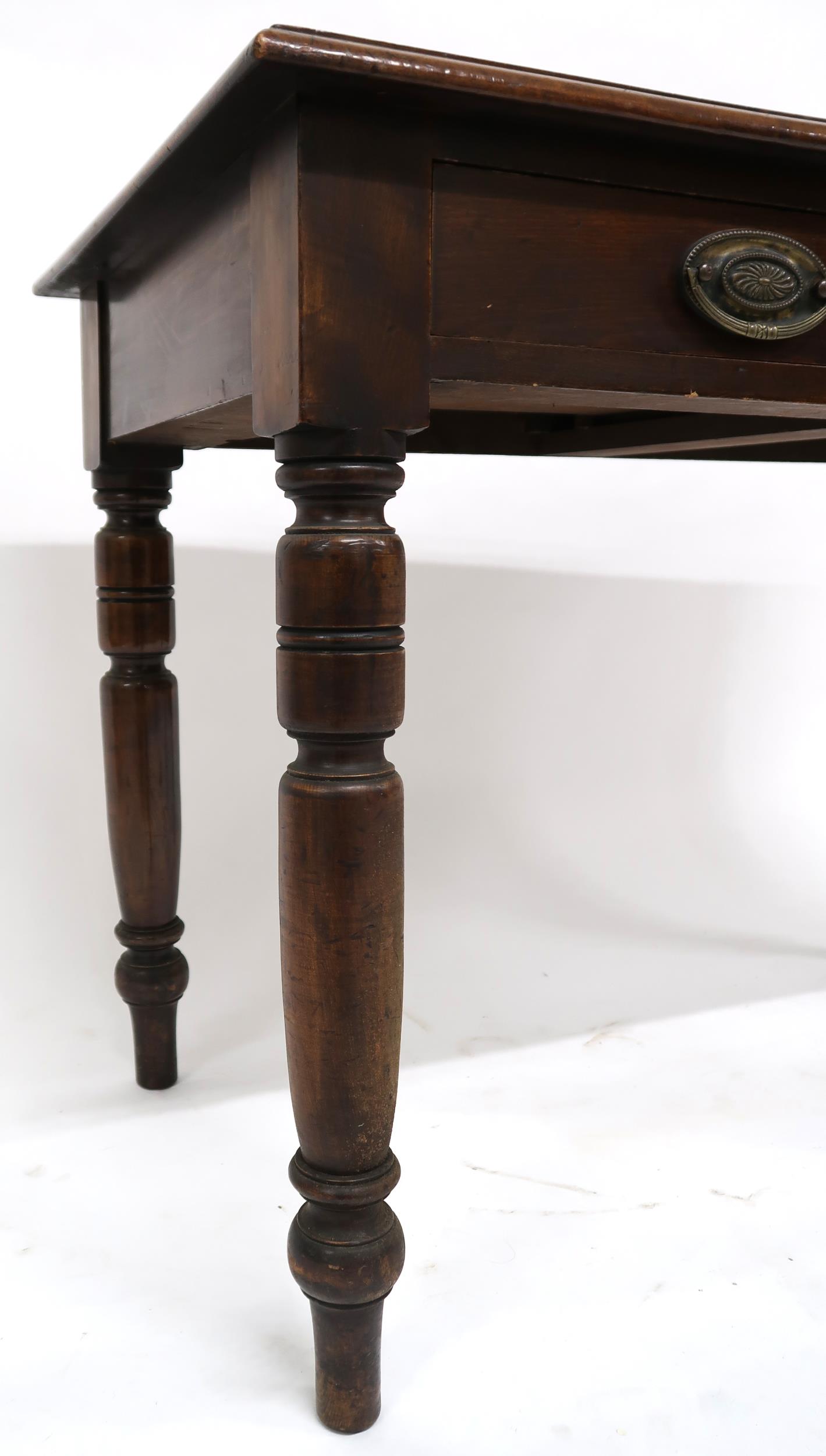 A Victorian mahogany two drawer writing desk with embossed skiver on turned supports, 76cm high x - Image 4 of 4