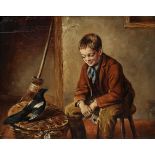 W HEMSLEY Boy seated with a magpie, signed, oil on canvas, 20.5 x 25.5cm Condition Report: