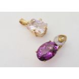 A 9ct gold manufactured purple gem and diamond pendant, together with a 9ct pale pink gem set