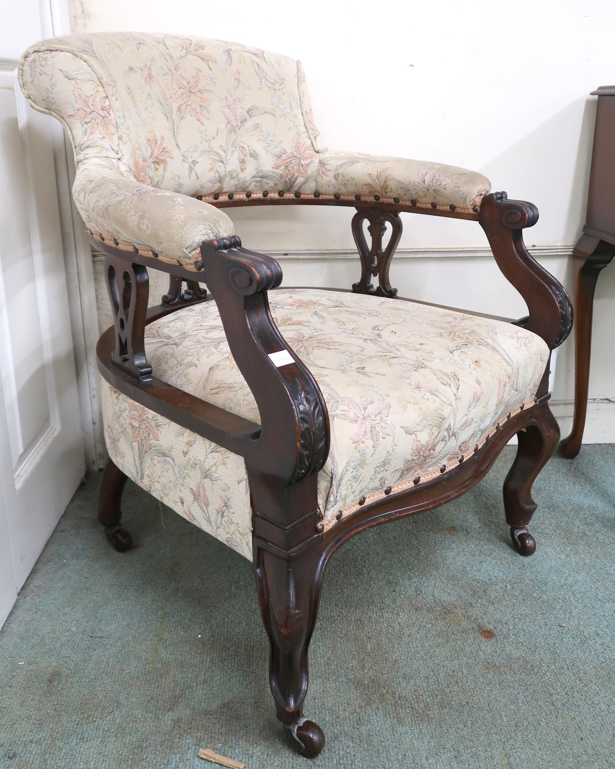 A lot to include Victorian upholstered tub chair, two drawer occasional table and a mahogany - Image 4 of 7